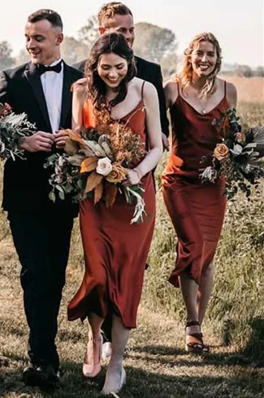 tea-length-mermaid-straps-copper-bridesmaid-dress