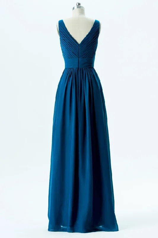 teal-chiffon-v-neck-banded-waist-bridesmaid-dress