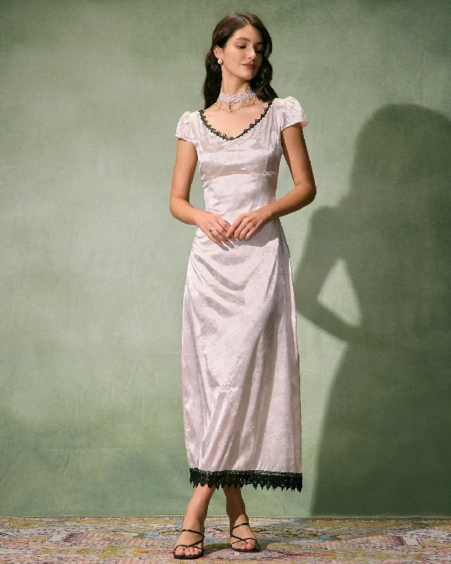 The White Jacquard Lace Satin Maxi Dress