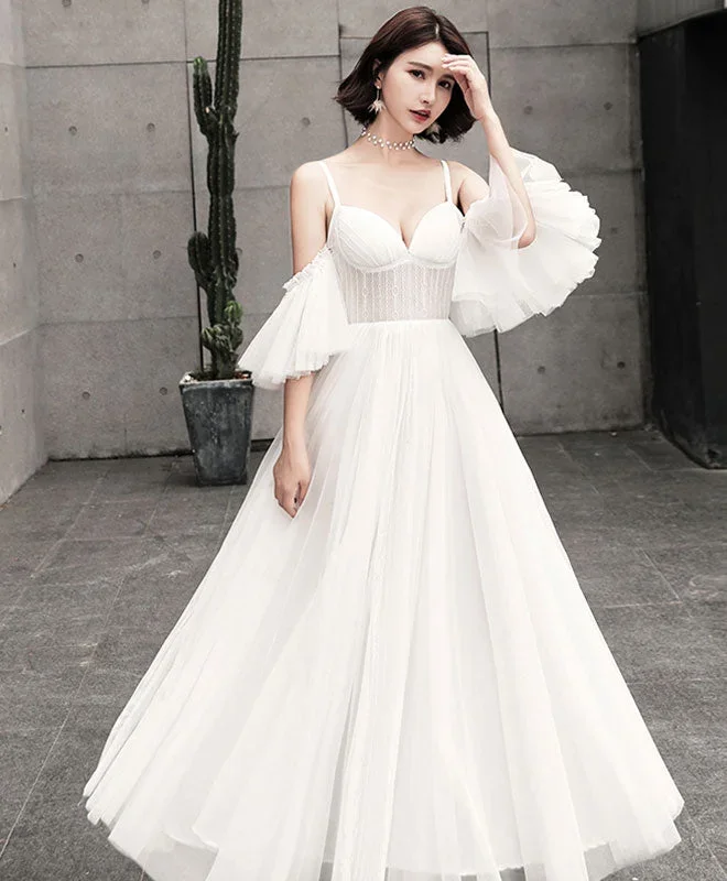 Unique Tulle Long Prom Dress, White Evening Dress