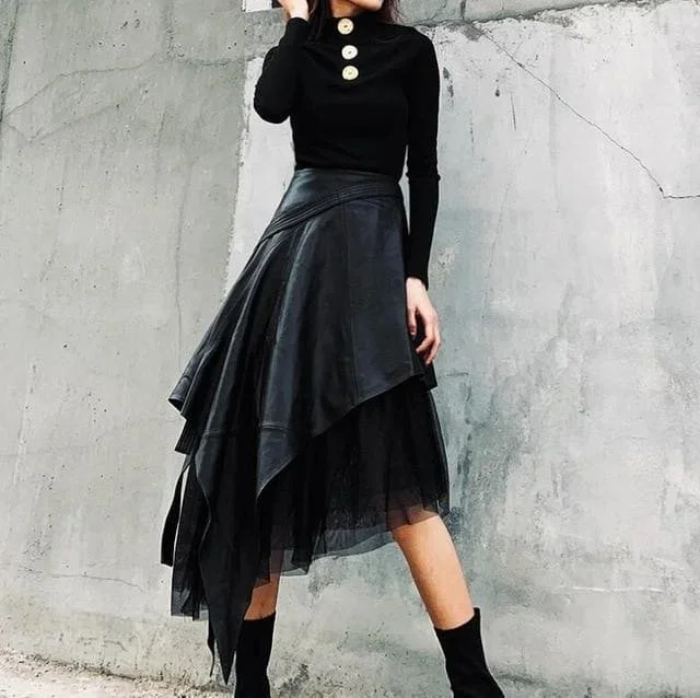 urban-black-asymmetrical-pu-leather-patchwork-tulle-skirt