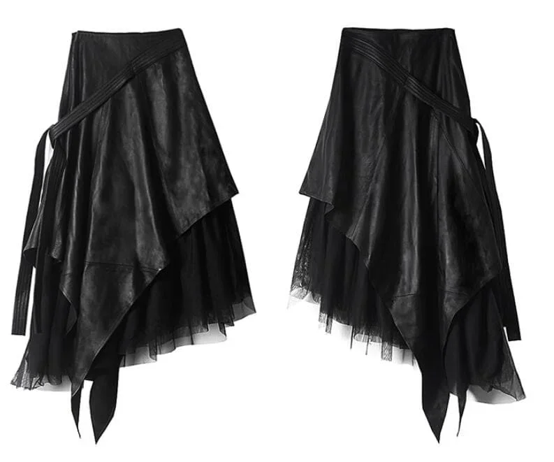 urban-black-asymmetrical-pu-leather-patchwork-tulle-skirt