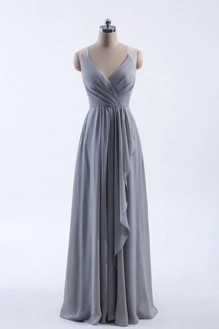 V-Neck Grey Long Bridesmaid Dress with Appliques