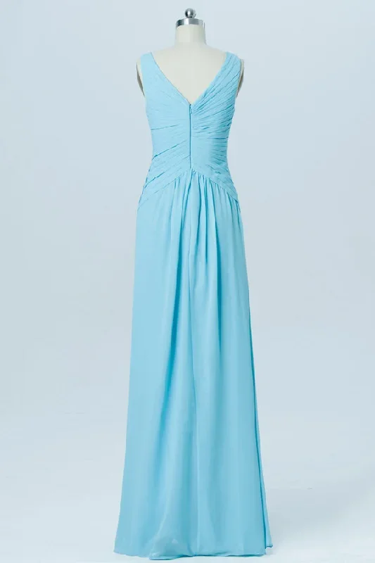 v-neck-light-blue-ruched-chiffon-bridesmaid-dress