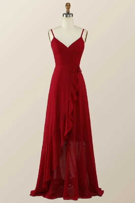 V-Neck Red Wrap Ruffle Long Bridesmaid Dress