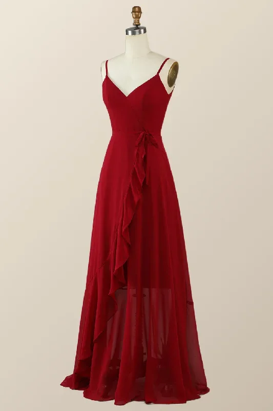 v-neck-red-wrap-ruffle-long-bridesmaid-dress