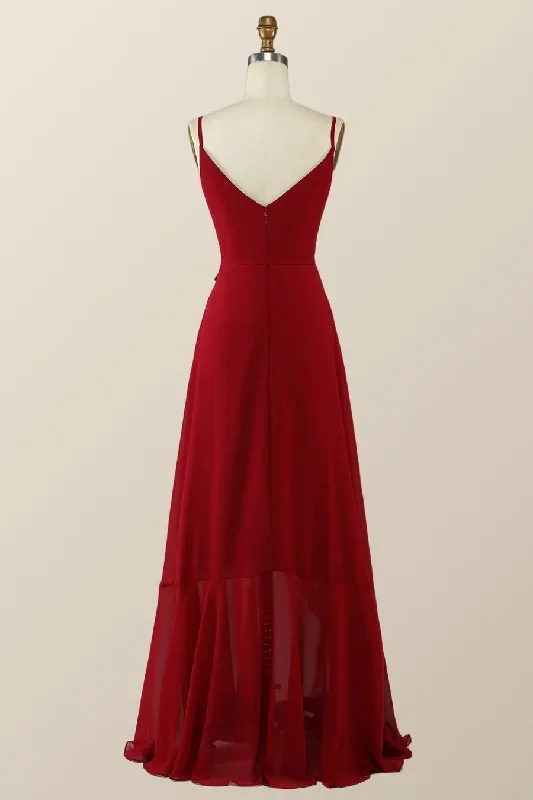 v-neck-red-wrap-ruffle-long-bridesmaid-dress