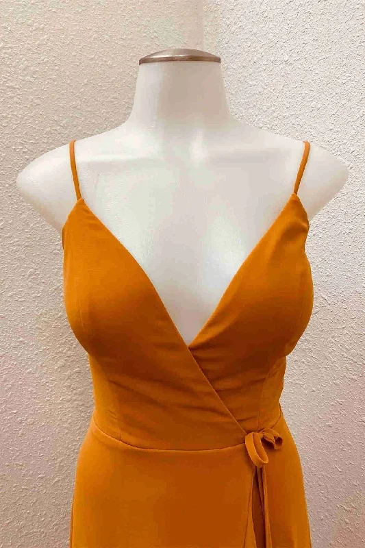 v-neck-straps-pumpkin-ruffled-bridesmaid-dress