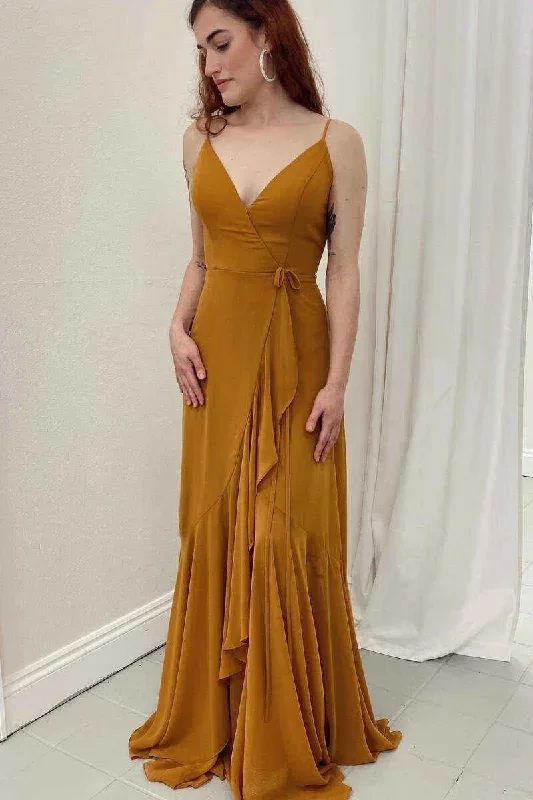 v-neck-straps-pumpkin-ruffled-bridesmaid-dress