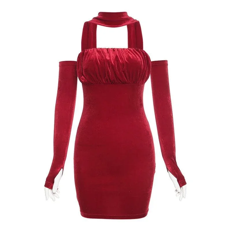 velvet-solid-ruched-gloves-halter-mini-dress