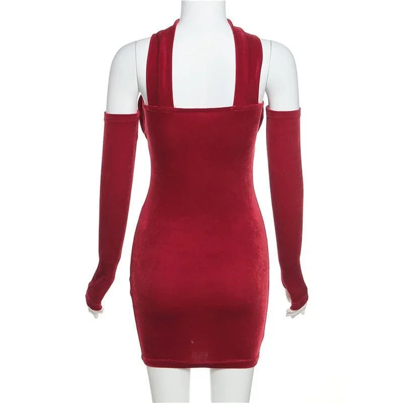 velvet-solid-ruched-gloves-halter-mini-dress