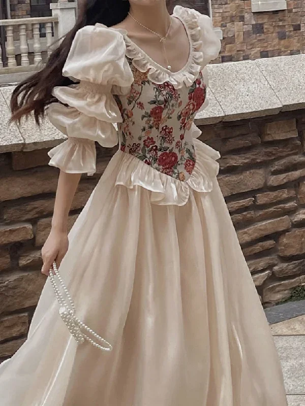 Vintage Elegant Print Floral Dress Women 2022 Autumn O-neck Casual Evening Party Midi Dress Female Puff Sleeve Korea Fairy Dress