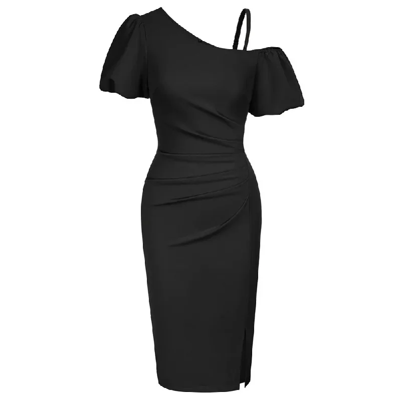 vintage-fans-look-of-front-slit-below-knee-ruched-bodycon-dress