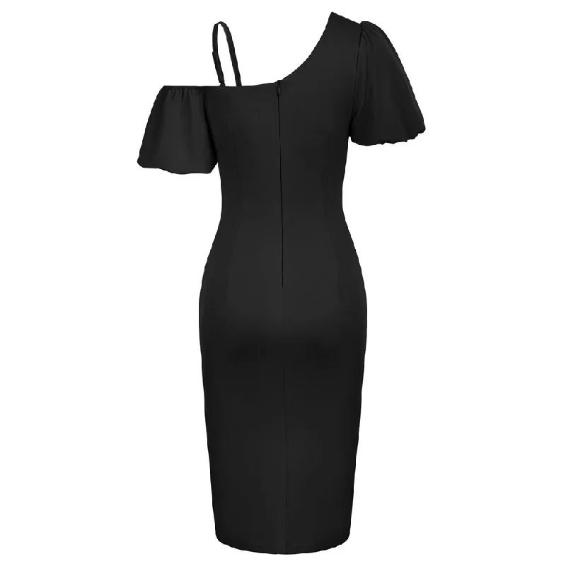 vintage-fans-look-of-front-slit-below-knee-ruched-bodycon-dress