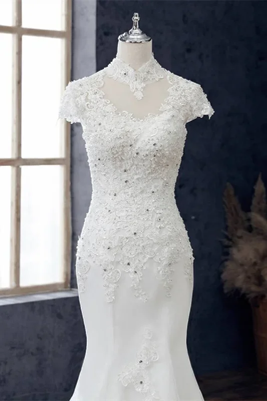 white-appliques-high-collar-cutout-mermaid-wedding-dress