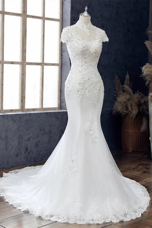 white-appliques-high-collar-cutout-mermaid-wedding-dress