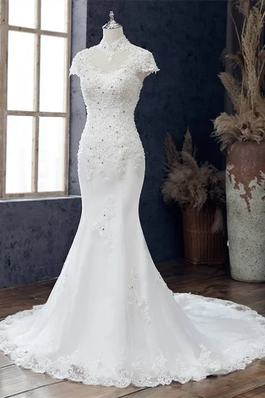 white-appliques-high-collar-cutout-mermaid-wedding-dress