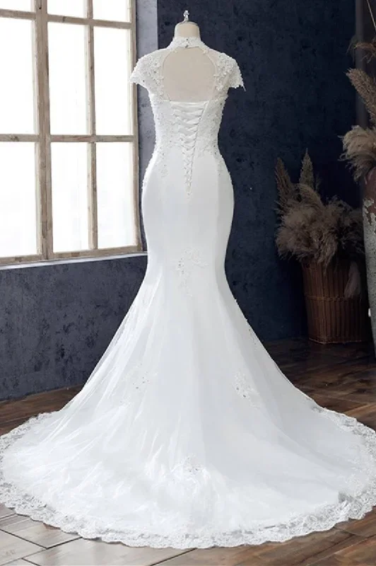 white-appliques-high-collar-cutout-mermaid-wedding-dress