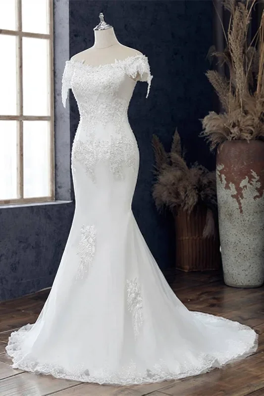 white-appliques-off-the-shoulder-cap-sleeve-mermaid-wedding-dress