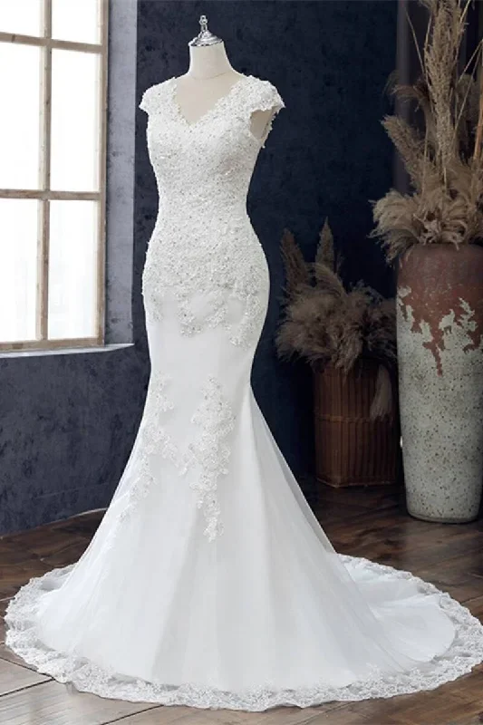 white-appliques-v-neck-cap-sleeve-mermaid-wedding-dress-1