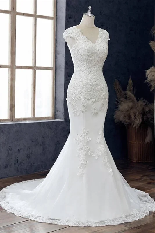 white-appliques-v-neck-cap-sleeve-mermaid-wedding-dress-1