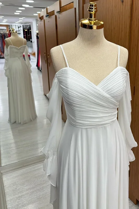 white-cold-shoulder-chiffon-bridesmaid-dress