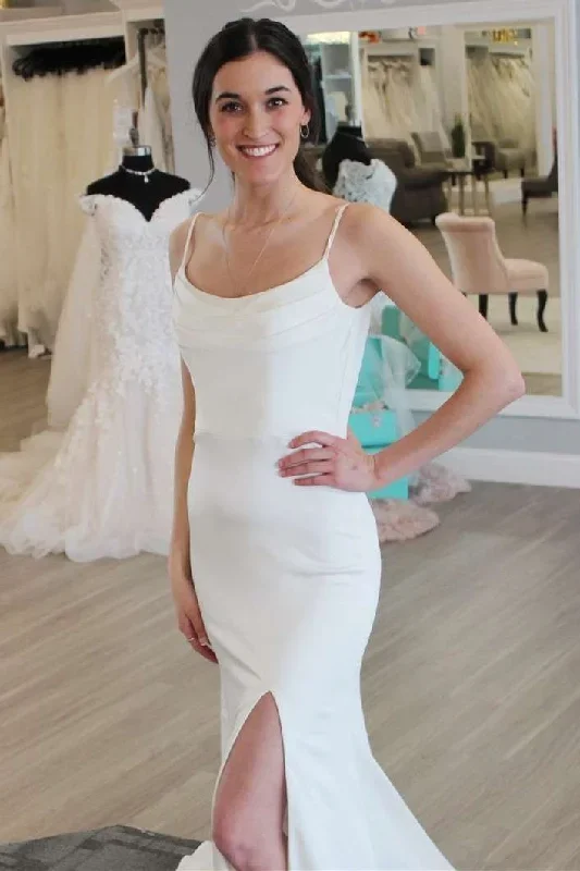 White Cowl Neck Backless Long Wedding Dress with Slit