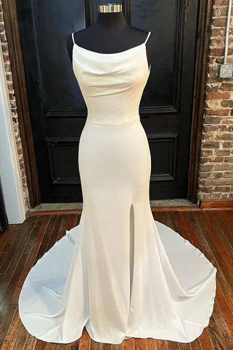 White Cowl Neck Backless Mermaid Long Wedding Dress with Slit