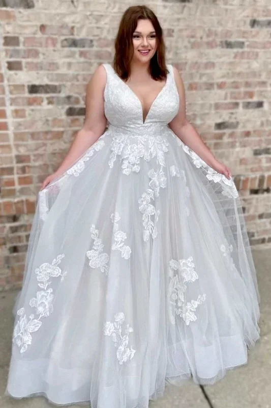 White Floral Lace Plunge Neck A-Line Bridal Gown