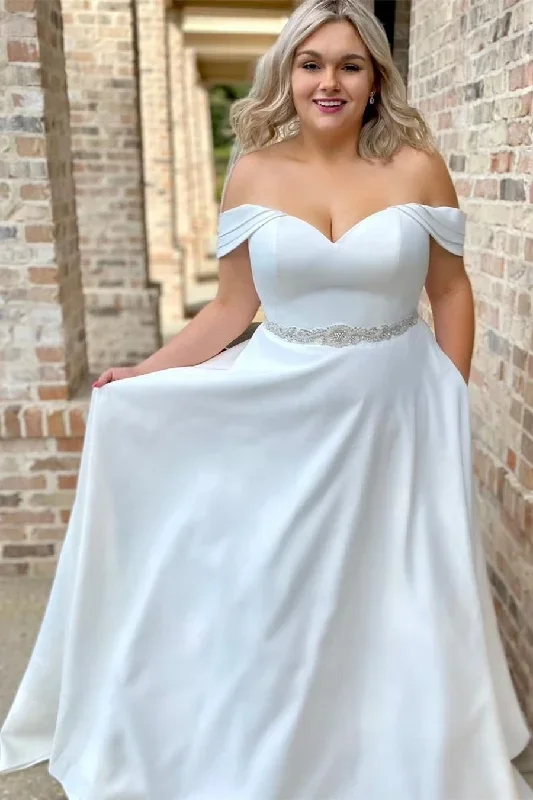 White Off-the-Shoulder A-Line Long Wedding Dress