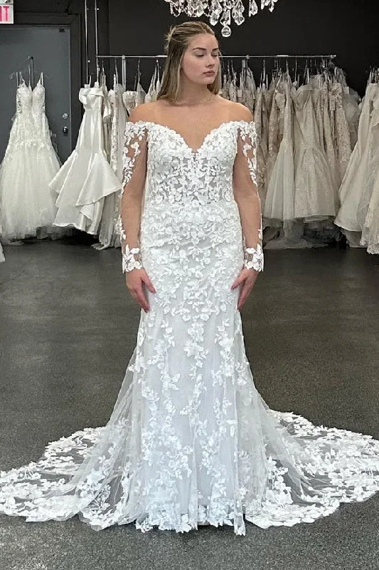 White Off-the-Shoulder Illusion Sleeves Appliques Wedding Dress