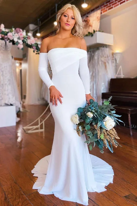 White Off-the-Shoulder Long Sleeve Mermaid Wedding Dress