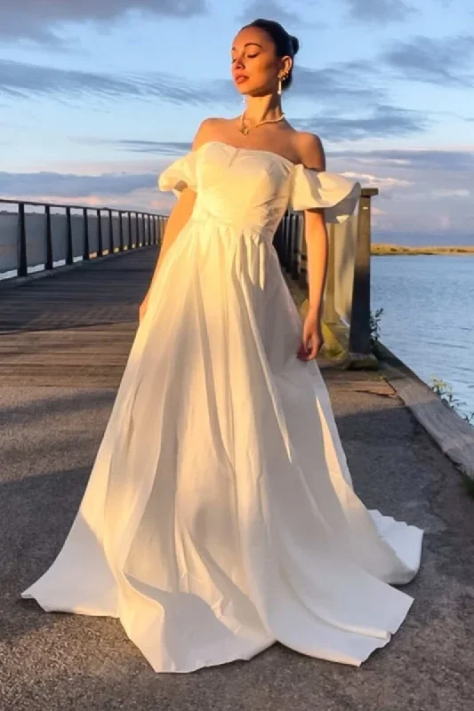 white-off-the-shoulder-ruffled-sleeve-a-line-long-wedding-dress