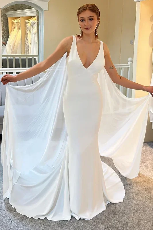 White Plunge V Mermaid Long Wedding Dress with Detachable Cape