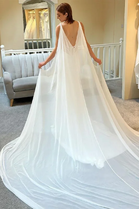 white-plunge-v-mermaid-long-wedding-dress-with-detachable-cape