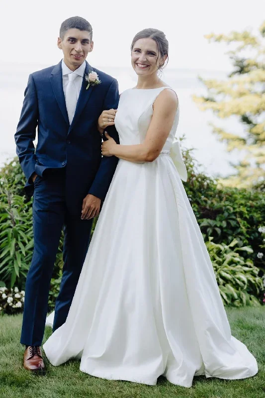 White Satin Bateau Beaded Wedding Dress with Bow