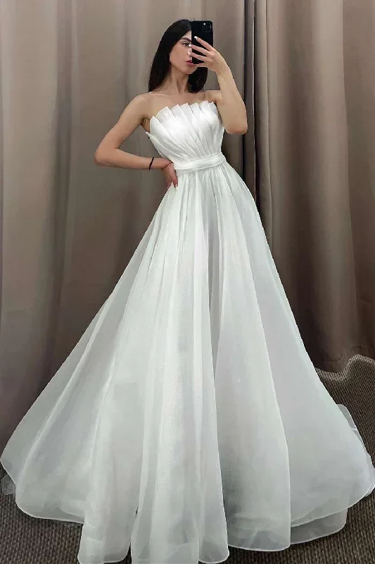 white-strapless-pleated-a-line-long-wedding-dress-with-sleeves