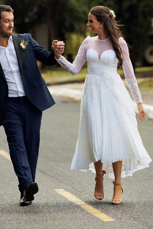 White Sweetheart Sheer Sleeve Tea-length Wedding Dress