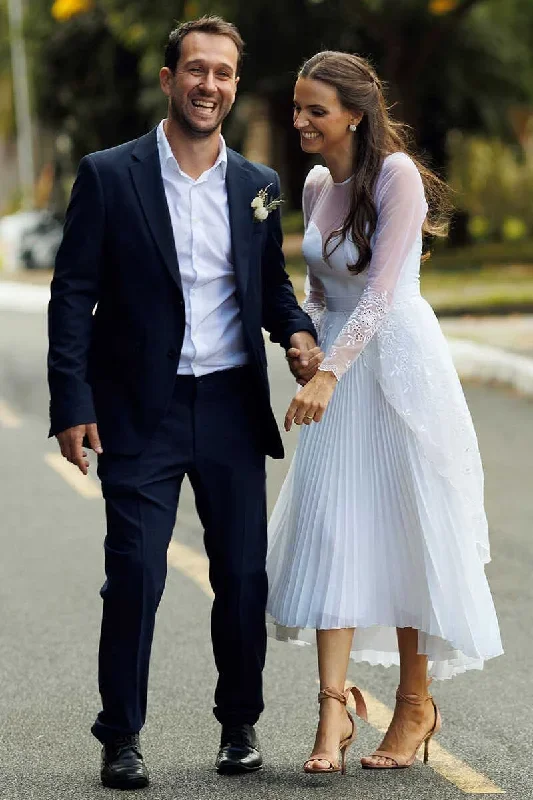 white-sweetheart-sheer-sleeve-tea-length-wedding-dress