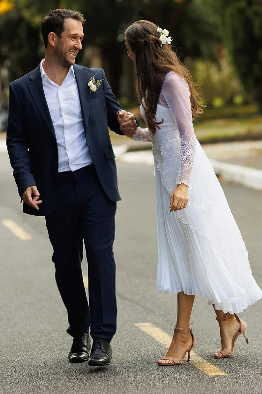 white-sweetheart-sheer-sleeve-tea-length-wedding-dress