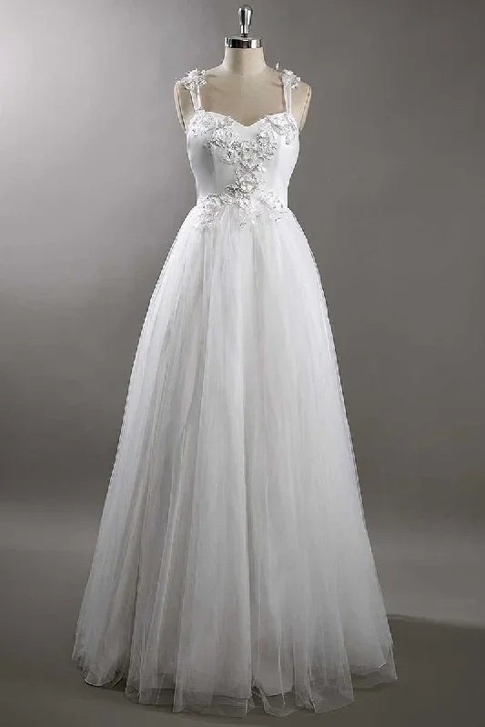 White Sweetheart Strap Flower A-Line Wedding Dress