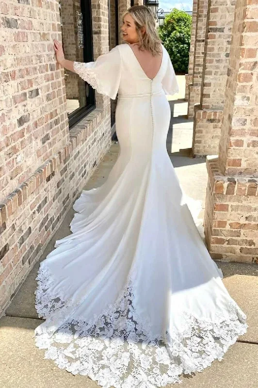 white-v-neck-flutter-sleeve-mermaid-long-wedding-dress