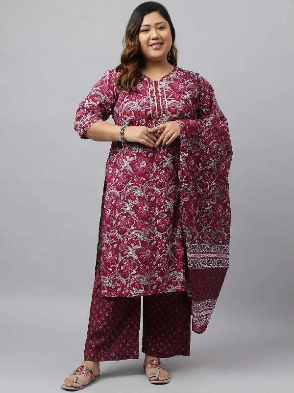 Wine Cotton Floral Printed Kurta with Palazzo and Dupatta