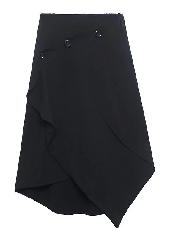 women-black-asymmetrical-button-cotton-skirt