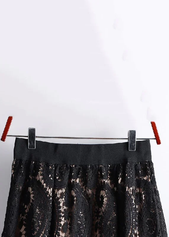 women-black-hollow-out-elastic-waist-lace-skirts-spring