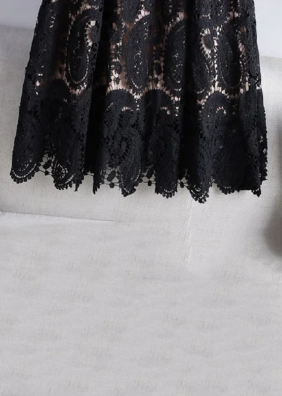 women-black-hollow-out-elastic-waist-lace-skirts-spring