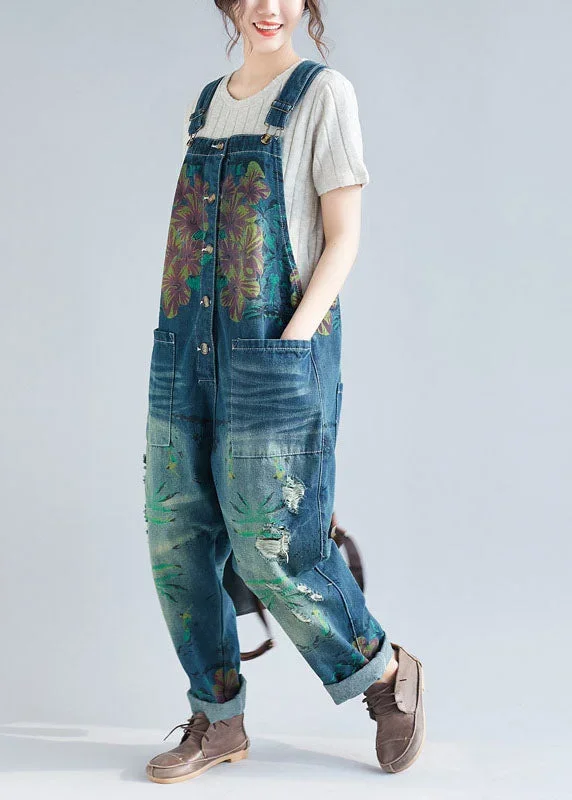 women-blue-pockets-patchwork-print-denim-jumpsuit-spring