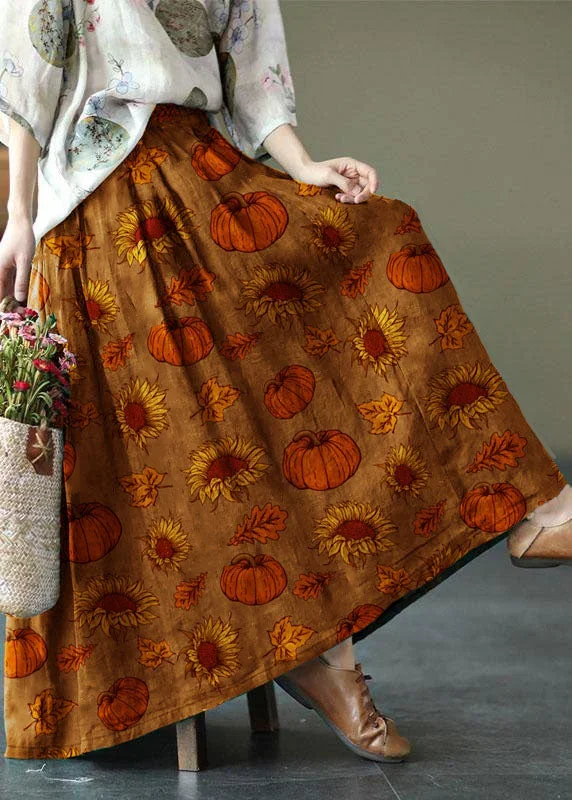 women-brown-tree-print-ramie-elastic-waist-skirt