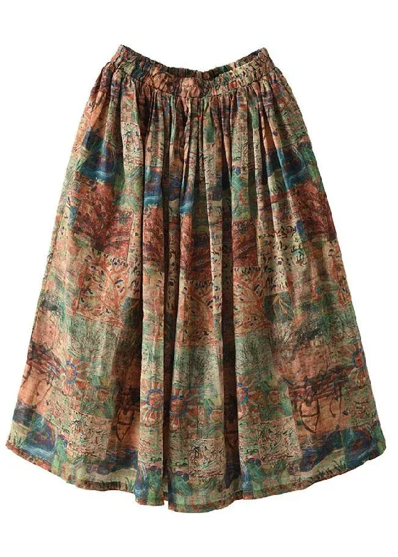 women-brown-tree-print-ramie-elastic-waist-skirt