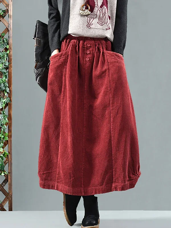 Women Casual Elastic Waist Calf Length Fall Corduroy Skirt